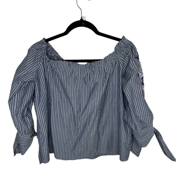 American Eagle Poplin Striped Embroidered Blouse Size Small - Picture 2 of 6